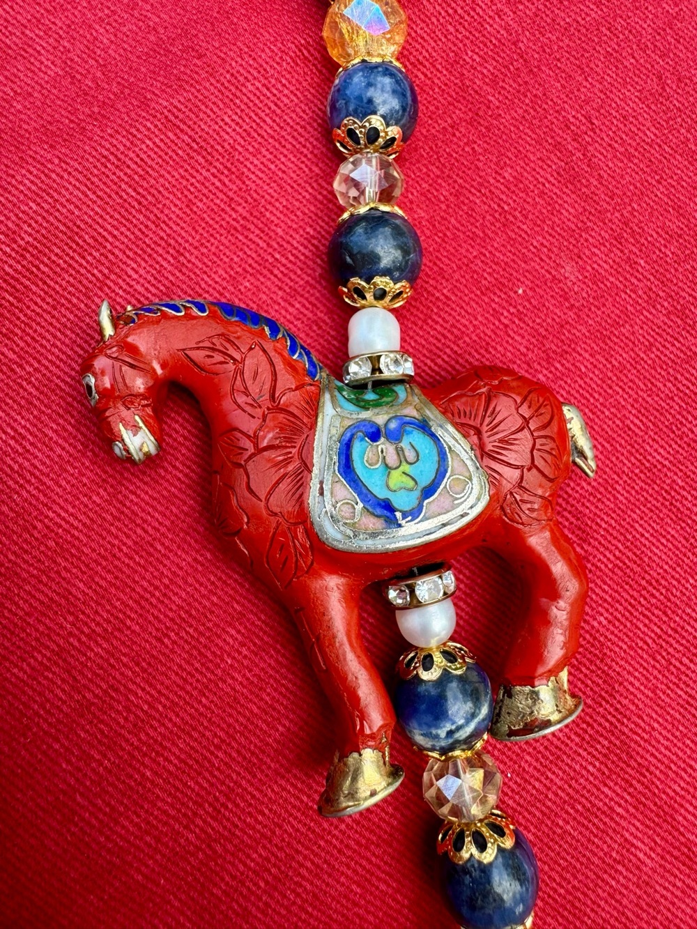 Artisan Cinnabar & Cloisonné Horse with Sodalite & Crackle Glass Beaded Set 🧁 - Picture 7 of 11